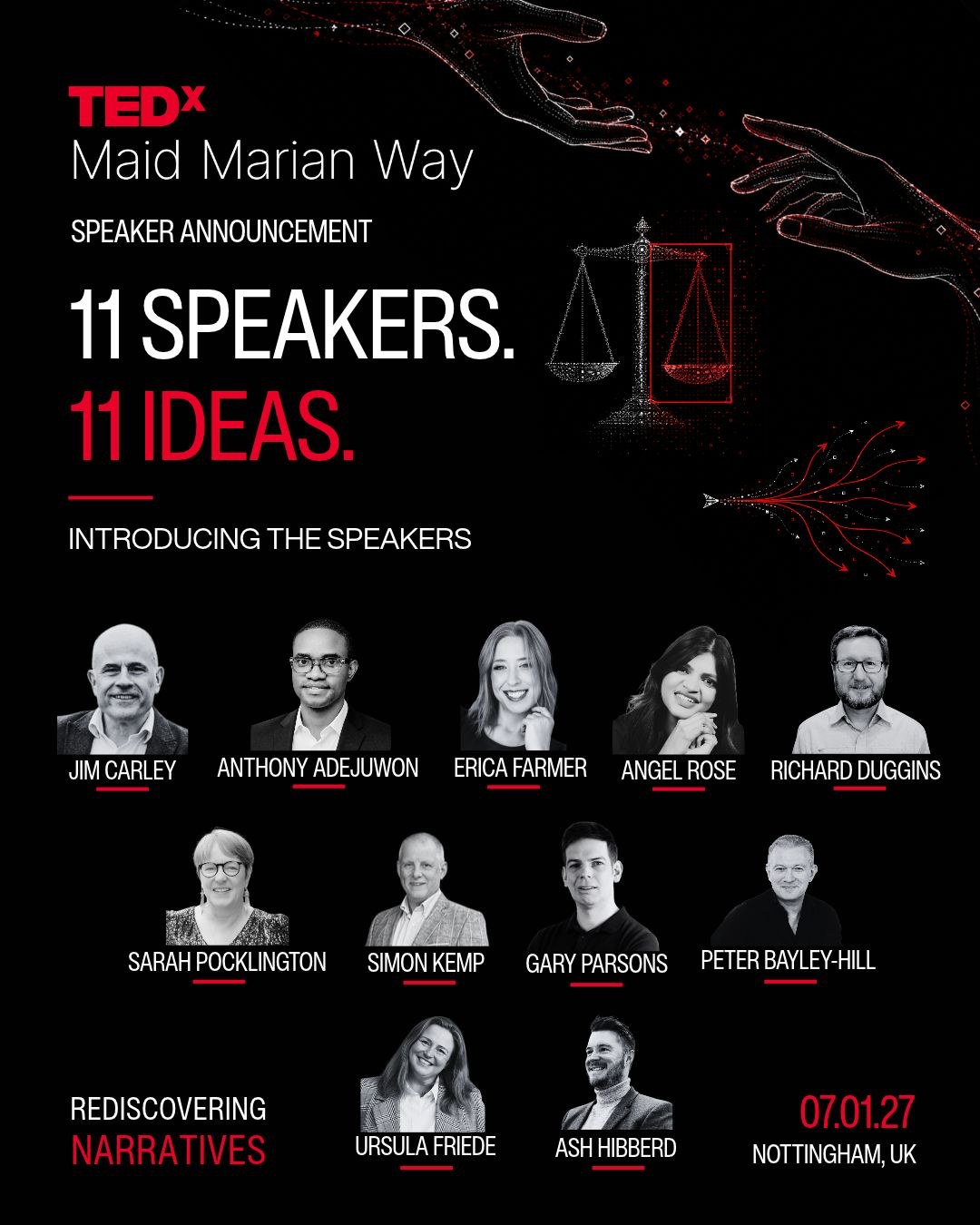 TEDx Maid Marian Way speaker announcement listing Richard Duggins among 11 speakers